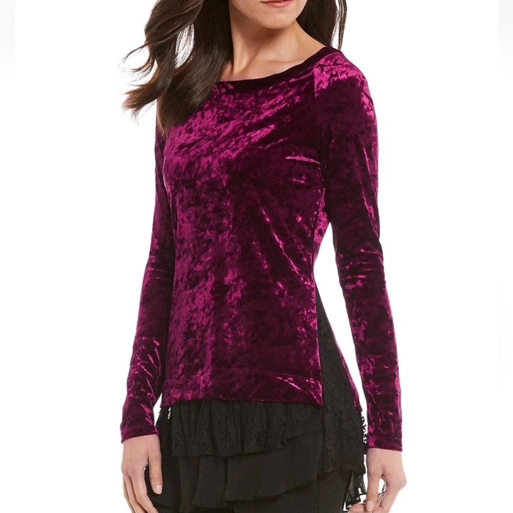 Karen Kane Womens Top Shirt Velvet Black Lace Whimsigoth Fairygrunge Witchy Larg
